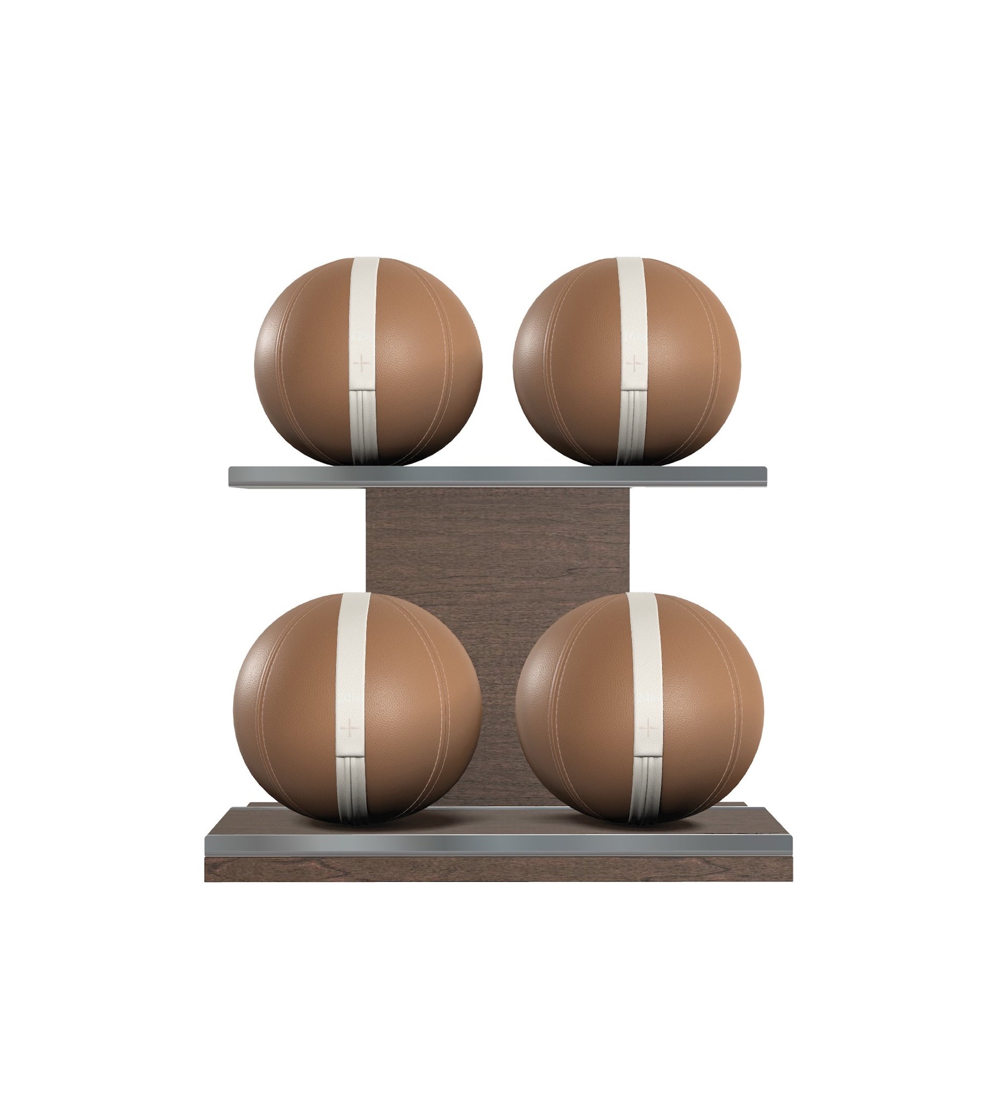 Luxury fitness equipment, 4 leather medicine ball on horizontal wooden stand, handcrafted with premium Italian brown base leather, white accent leather and dark walnut wood. PENT. MOXA Set