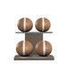 Luxury fitness equipment, 4 leather medicine ball on horizontal wooden stand, handcrafted with premium Italian brown base leather, white accent leather and dark walnut wood. PENT. MOXA Set
