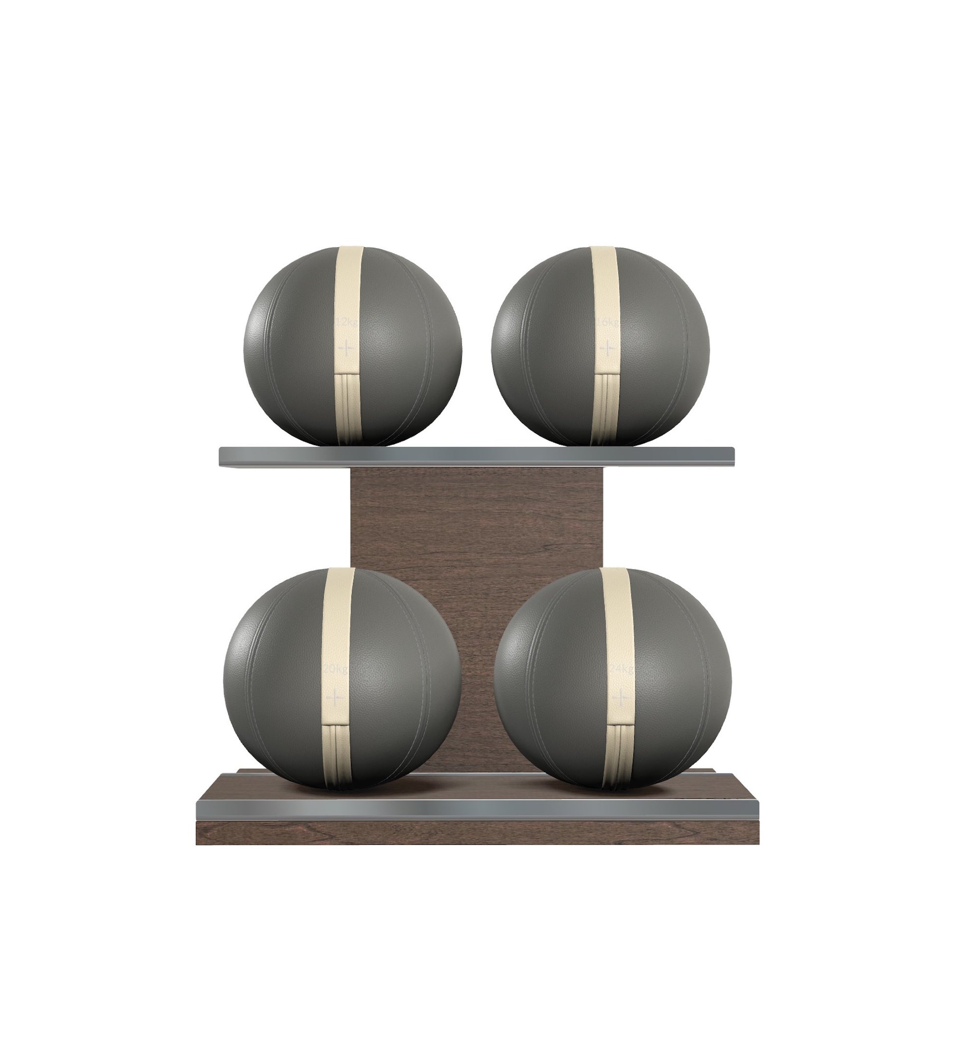 Luxury fitness equipment, 4 leather medicine ball on horizontal wooden stand, handcrafted with premium Italian grey base leather, beige accent leather and dark walnut wood. PENT. MOXA Set