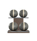 Luxury fitness equipment, 4 leather medicine ball on horizontal wooden stand, handcrafted with premium Italian grey base leather, beige accent leather and dark walnut wood. PENT. MOXA Set