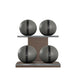 Luxury fitness equipment, 4 leather medicine ball on horizontal wooden stand, handcrafted with premium Italian grey base leather, black accent leather and dark walnut wood. PENT. MOXA Set