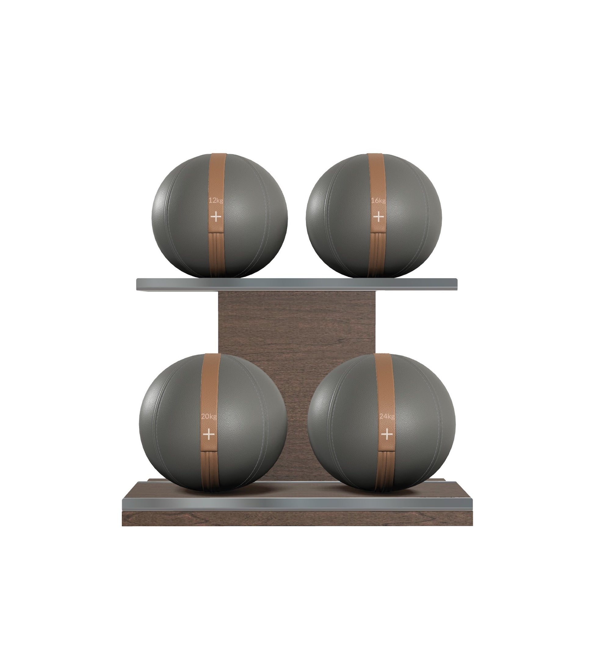 Luxury fitness equipment, 4 leather medicine ball on horizontal wooden stand, handcrafted with premium Italian grey base leather, brown accent leather and dark walnut wood. PENT. MOXA Set