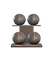 Luxury fitness equipment, 4 leather medicine ball on horizontal wooden stand, handcrafted with premium Italian grey base leather, brown accent leather and dark walnut wood. PENT. MOXA Set