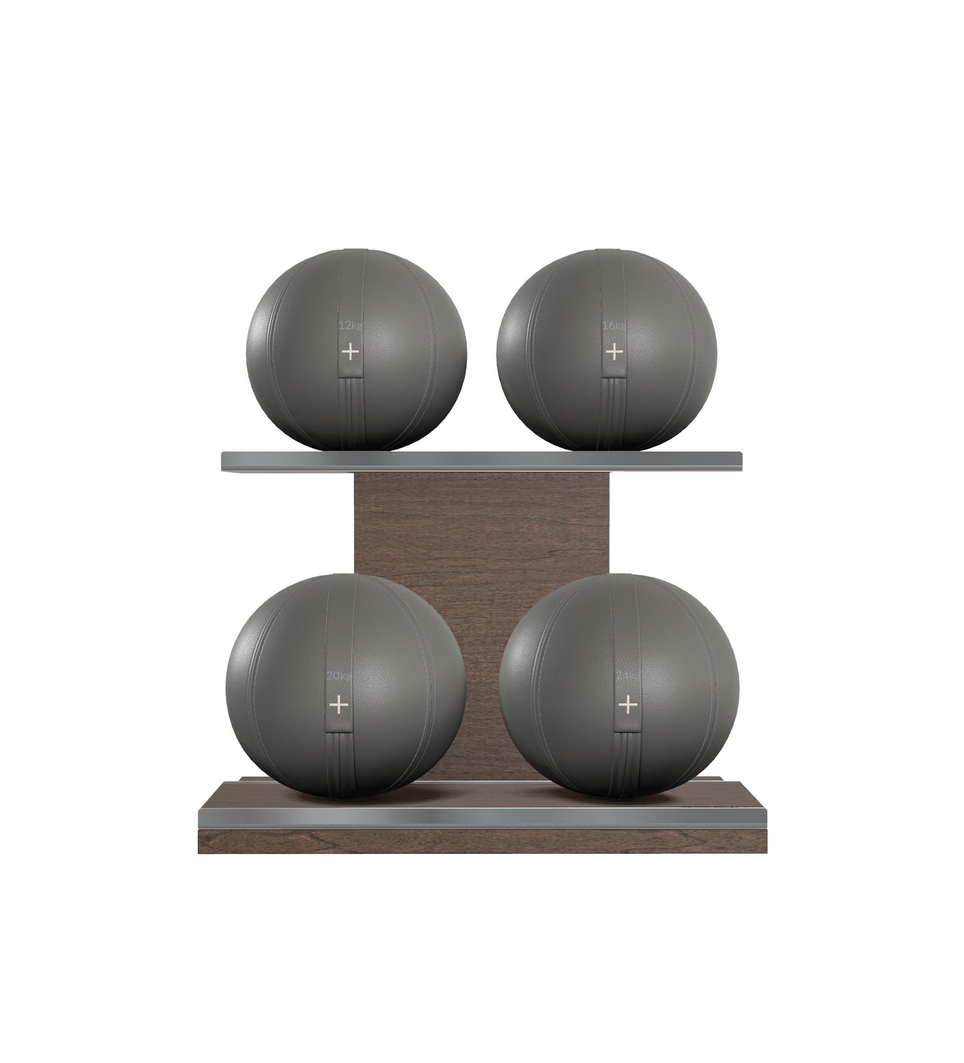 Luxury fitness equipment, 4 leather medicine ball on horizontal wooden stand, handcrafted with premium Italian grey base leather, grey accent leather and dark walnut wood. PENT. MOXA Set