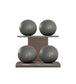 Luxury fitness equipment, 4 leather medicine ball on horizontal wooden stand, handcrafted with premium Italian grey base leather, grey accent leather and dark walnut wood. PENT. MOXA Set