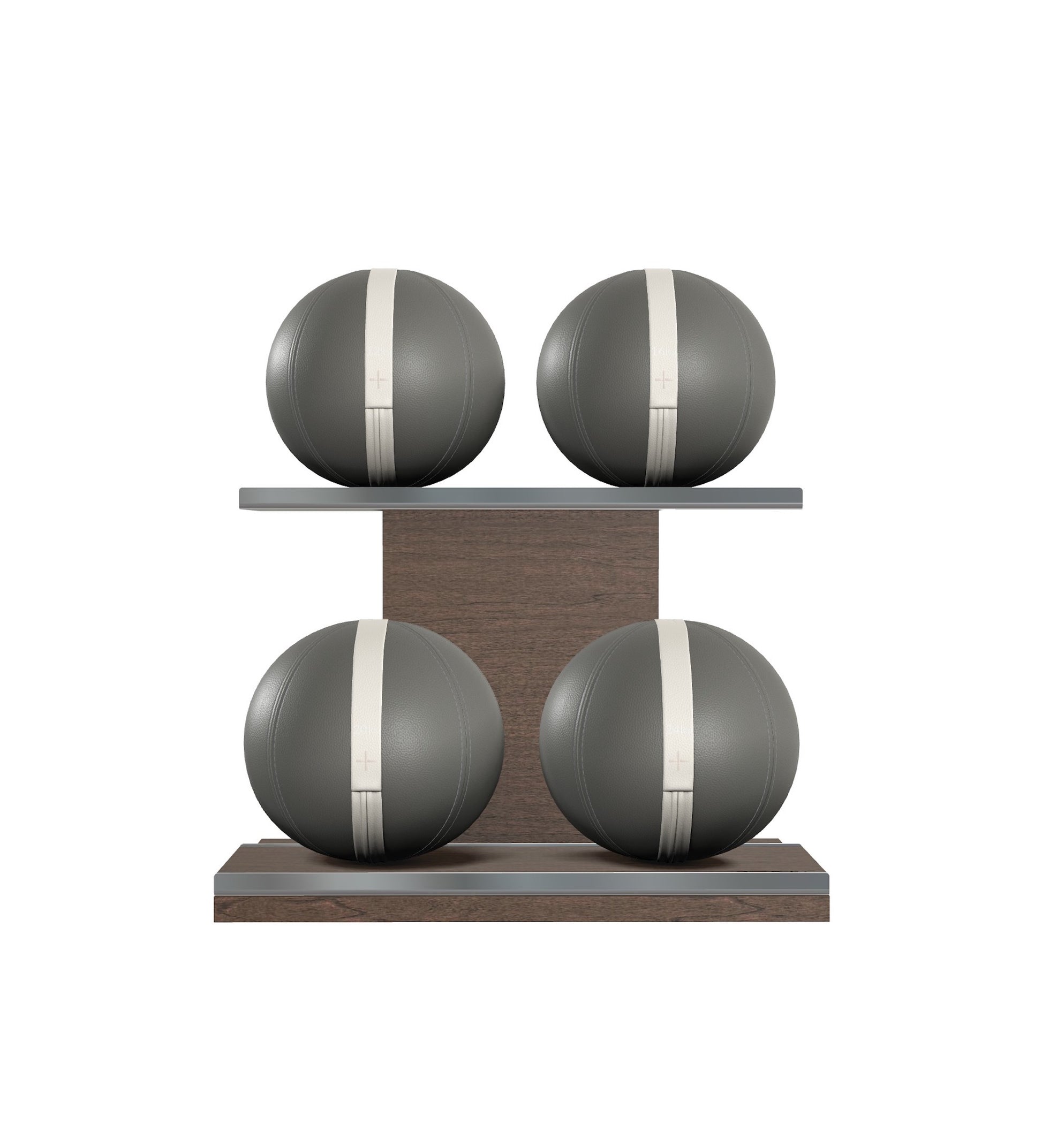 Luxury fitness equipment, 4 leather medicine ball on horizontal wooden stand, handcrafted with premium Italian grey base leather, white accent leather and dark walnut wood. PENT. MOXA Set