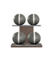 Luxury fitness equipment, 4 leather medicine ball on horizontal wooden stand, handcrafted with premium Italian grey base leather, white accent leather and dark walnut wood. PENT. MOXA Set