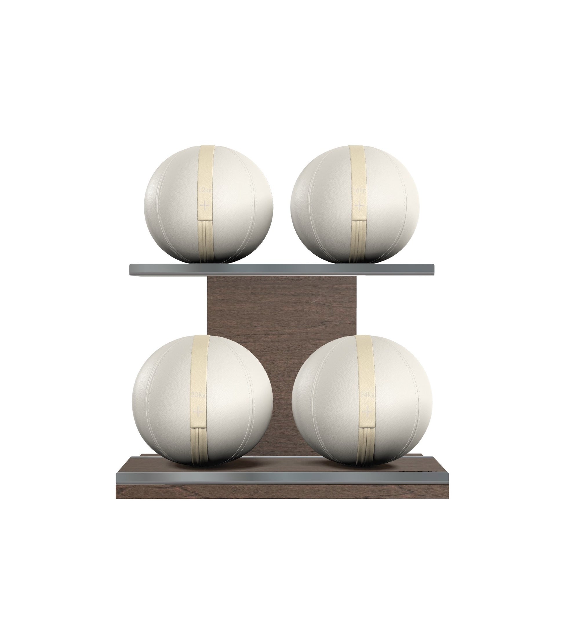 Luxury fitness equipment, 4 leather medicine ball on horizontal wooden stand, handcrafted with premium Italian white base leather, beige accent leather and dark walnut wood. PENT. MOXA Set