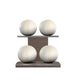 Luxury fitness equipment, 4 leather medicine ball on horizontal wooden stand, handcrafted with premium Italian white base leather, beige accent leather and dark walnut wood. PENT. MOXA Set