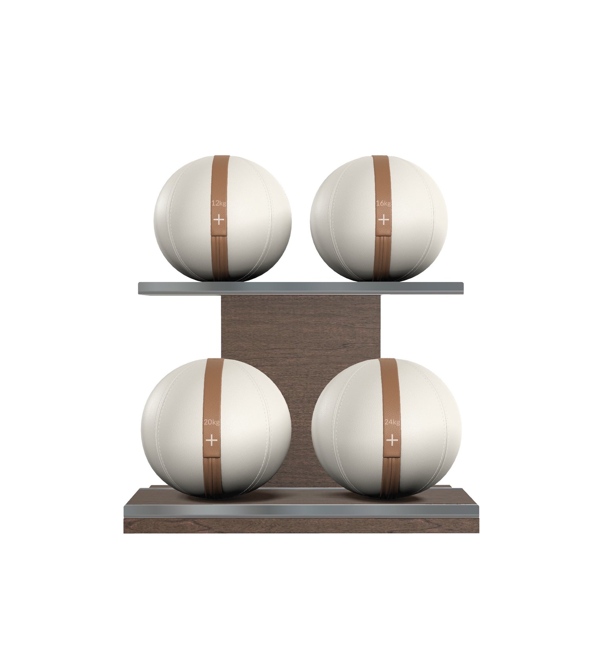 Luxury fitness equipment, 4 leather medicine ball on horizontal wooden stand, handcrafted with premium Italian white base leather, brown accent leather and dark walnut wood. PENT. MOXA Set