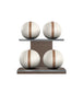 Luxury fitness equipment, 4 leather medicine ball on horizontal wooden stand, handcrafted with premium Italian white base leather, brown accent leather and dark walnut wood. PENT. MOXA Set