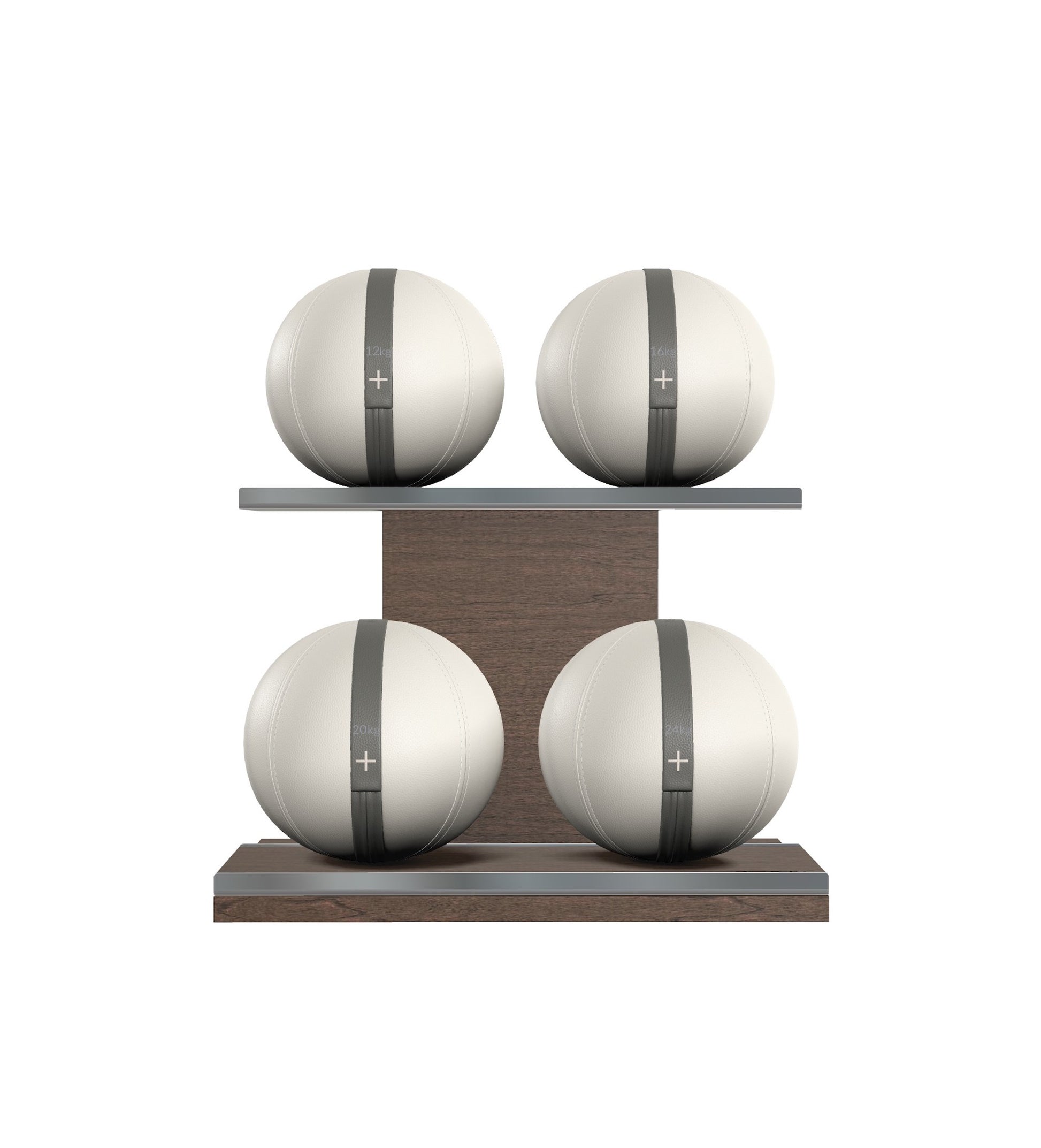 Luxury fitness equipment, 4 leather medicine ball on horizontal wooden stand, handcrafted with premium Italian white base leather, grey accent leather and dark walnut wood. PENT. MOXA Set