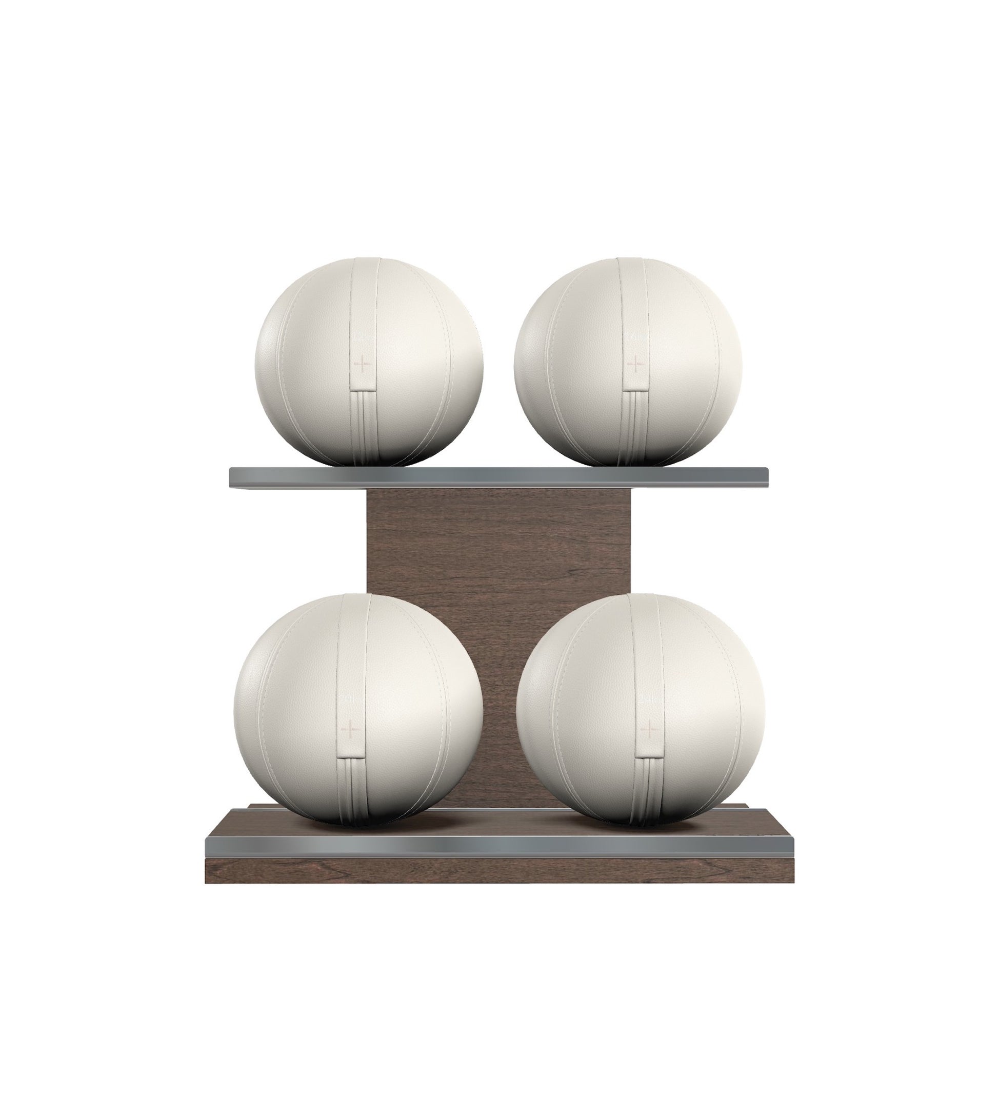 Luxury fitness equipment, 4 leather medicine ball on horizontal wooden stand, handcrafted with premium Italian white base leather, white accent leather and dark walnut wood. PENT. MOXA Set