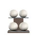 Luxury fitness equipment, 4 leather medicine ball on horizontal wooden stand, handcrafted with premium Italian white base leather, white accent leather and dark walnut wood. PENT. MOXA Set