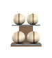 Luxury fitness equipment, 4 leather medicine ball on horizontal wooden stand, handcrafted with premium Italian beige base leather, brown accent leather and natural walnut wood. PENT. MOXA Set