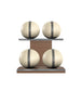 Luxury fitness equipment, 4 leather medicine ball on horizontal wooden stand, handcrafted with premium Italian beige base leather, grey accent leather and natural walnut wood. PENT. MOXA Set