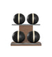 Luxury fitness equipment, 4 leather medicine ball on horizontal wooden stand, handcrafted with premium Italian black base leather, beige accent leather and natural walnut wood. PENT. MOXA Set