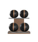Luxury fitness equipment, 4 leather medicine ball on horizontal wooden stand, handcrafted with premium Italian black base leather, brown accent leather and natural walnut wood. PENT. MOXA Set