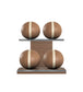 Luxury fitness equipment, 4 leather medicine ball on horizontal wooden stand, handcrafted with premium Italian brown base leather, beige accent leather and natural walnut wood. PENT. MOXA Set