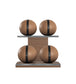 Luxury fitness equipment, 4 leather medicine ball on horizontal wooden stand, handcrafted with premium Italian brown base leather, black accent leather and natural walnut wood. PENT. MOXA Set