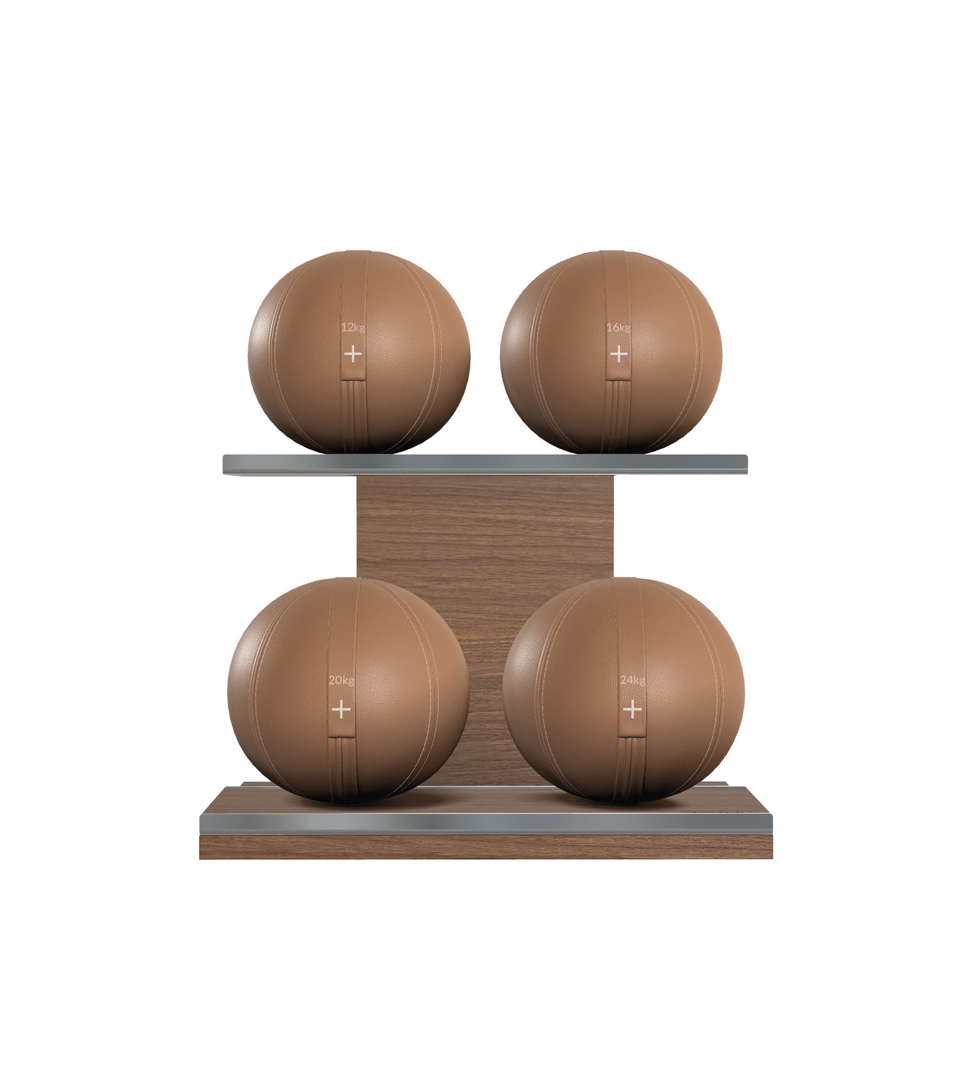 Luxury fitness equipment, 4 leather medicine ball on horizontal wooden stand, handcrafted with premium Italian brown base leather, brown accent leather and natural walnut wood. PENT. MOXA Set