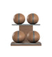 Luxury fitness equipment, 4 leather medicine ball on horizontal wooden stand, handcrafted with premium Italian brown base leather, grey accent leather and natural walnut wood. PENT. MOXA Set