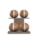Luxury fitness equipment, 4 leather medicine ball on horizontal wooden stand, handcrafted with premium Italian brown base leather, white accent leather and natural walnut wood. PENT. MOXA Set