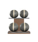 Luxury fitness equipment, 4 leather medicine ball on horizontal wooden stand, handcrafted with premium Italian grey base leather, beige accent leather and natural walnut wood. PENT. MOXA Set