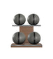Luxury fitness equipment, 4 leather medicine ball on horizontal wooden stand, handcrafted with premium Italian grey base leather, black accent leather and natural walnut wood. PENT. MOXA Set