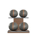 Luxury fitness equipment, 4 leather medicine ball on horizontal wooden stand, handcrafted with premium Italian grey base leather, brown accent leather and natural walnut wood. PENT. MOXA Set