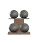 Luxury fitness equipment, 4 leather medicine ball on horizontal wooden stand, handcrafted with premium Italian grey base leather, grey accent leather and natural walnut wood. PENT. MOXA Set