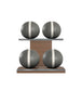 Luxury fitness equipment, 4 leather medicine ball on horizontal wooden stand, handcrafted with premium Italian grey base leather, white accent leather and natural walnut wood. PENT. MOXA Set