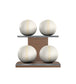 Luxury fitness equipment, 4 leather medicine ball on horizontal wooden stand, handcrafted with premium Italian white base leather, beige accent leather and natural walnut wood. PENT. MOXA Set