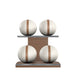 Luxury fitness equipment, 4 leather medicine ball on horizontal wooden stand, handcrafted with premium Italian white base leather, brown accent leather and natural walnut wood. PENT. MOXA Set