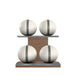 Luxury fitness equipment, 4 leather medicine ball on horizontal wooden stand, handcrafted with premium Italian white base leather, grey accent leather and natural walnut wood. PENT. MOXA Set