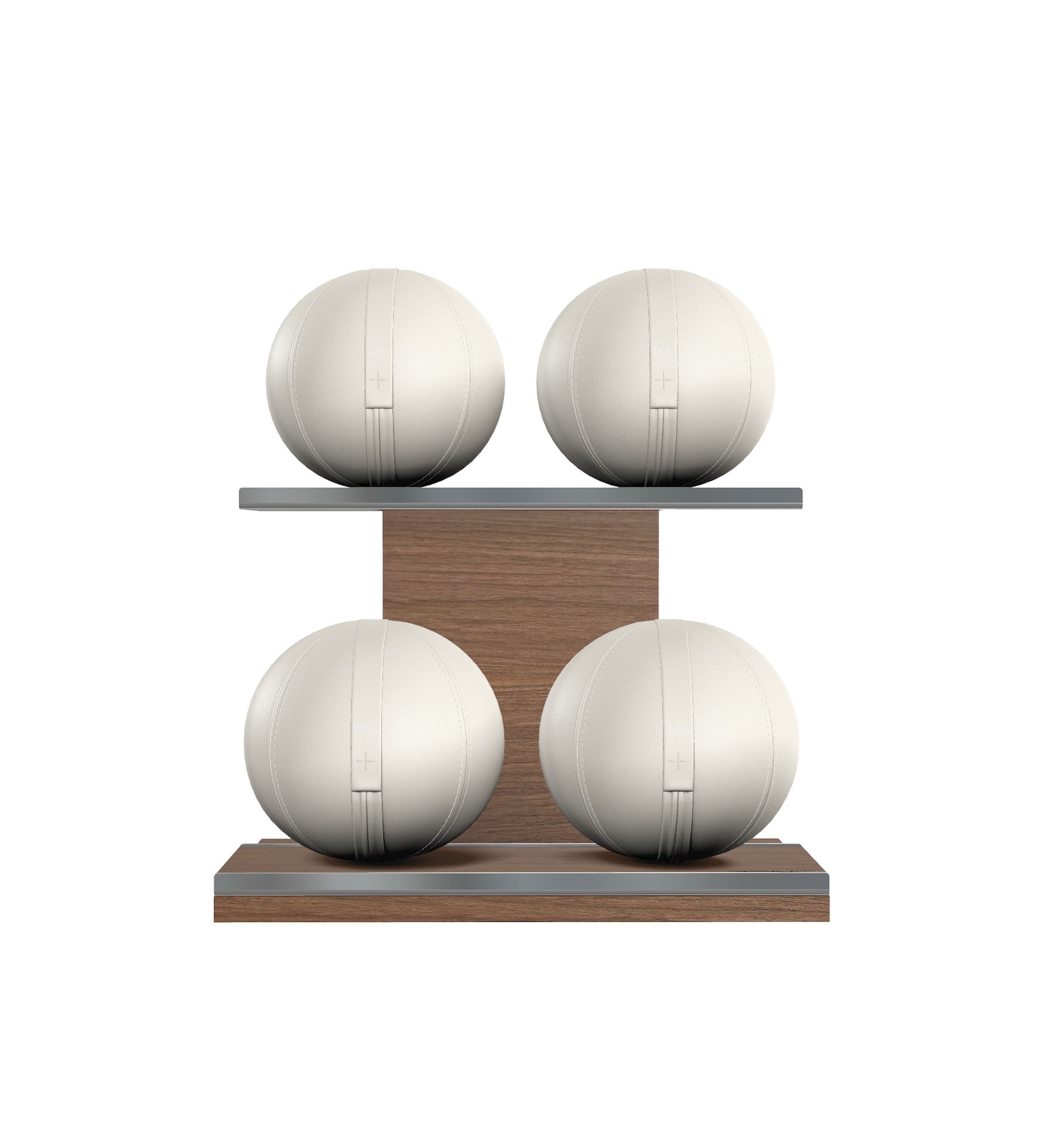 Luxury fitness equipment, 4 leather medicine ball on horizontal wooden stand, handcrafted with premium Italian white base leather, white accent leather and natural walnut wood. PENT. MOXA Set