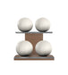 Luxury fitness equipment, 4 leather medicine ball on horizontal wooden stand, handcrafted with premium Italian white base leather, white accent leather and natural walnut wood. PENT. MOXA Set