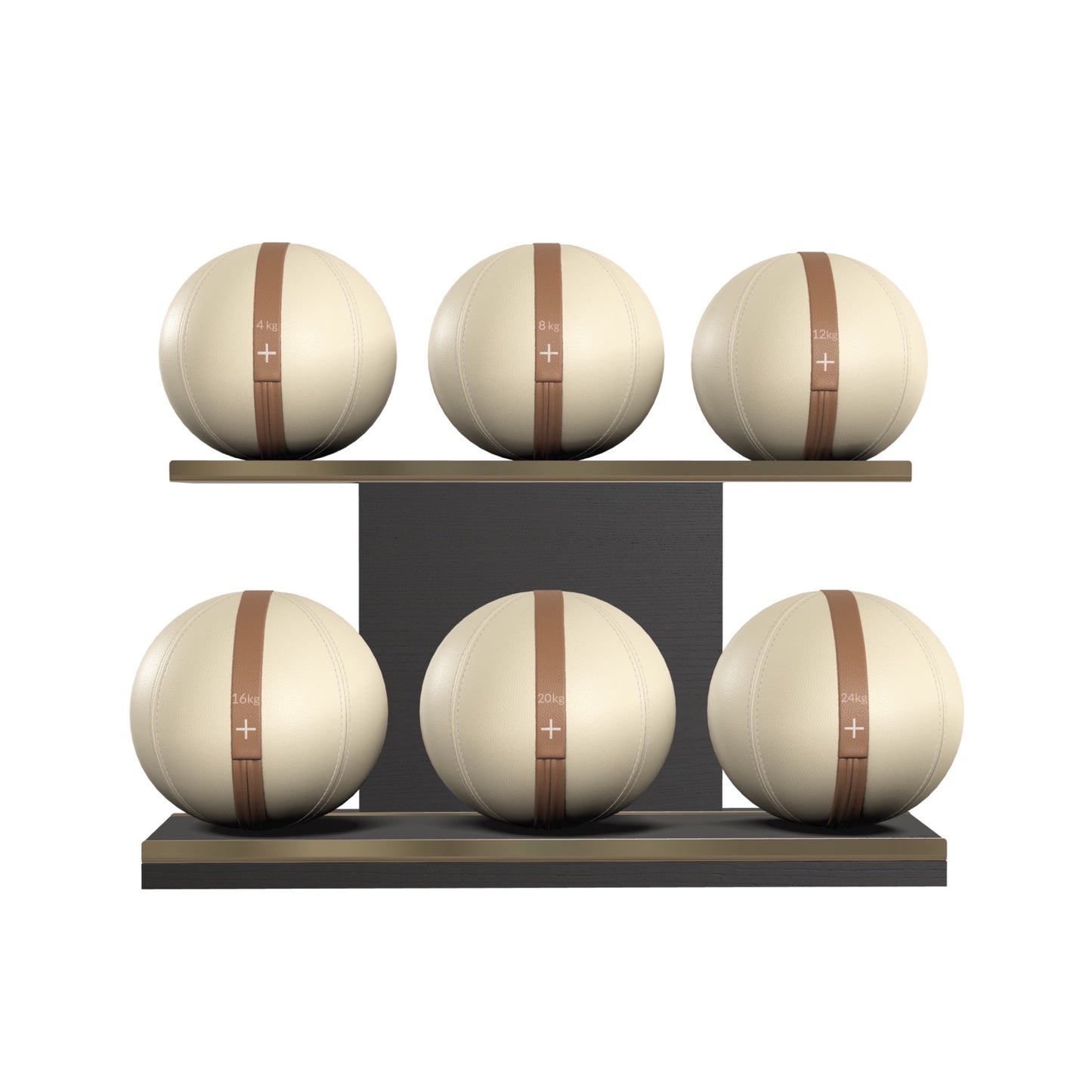 PENT. MOXA Set Ultimate - In Gold - Set of 6 Medicine Balls on Horizontal Wooden Stand - 4, 8, 12, 16, 20, 24 KG
