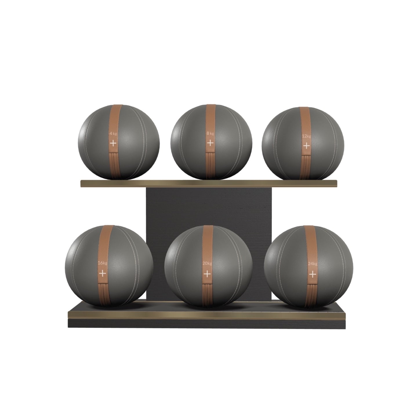 PENT. MOXA Set Ultimate - In Gold - Set of 6 Medicine Balls on Horizontal Wooden Stand - 4, 8, 12, 16, 20, 24 KG
