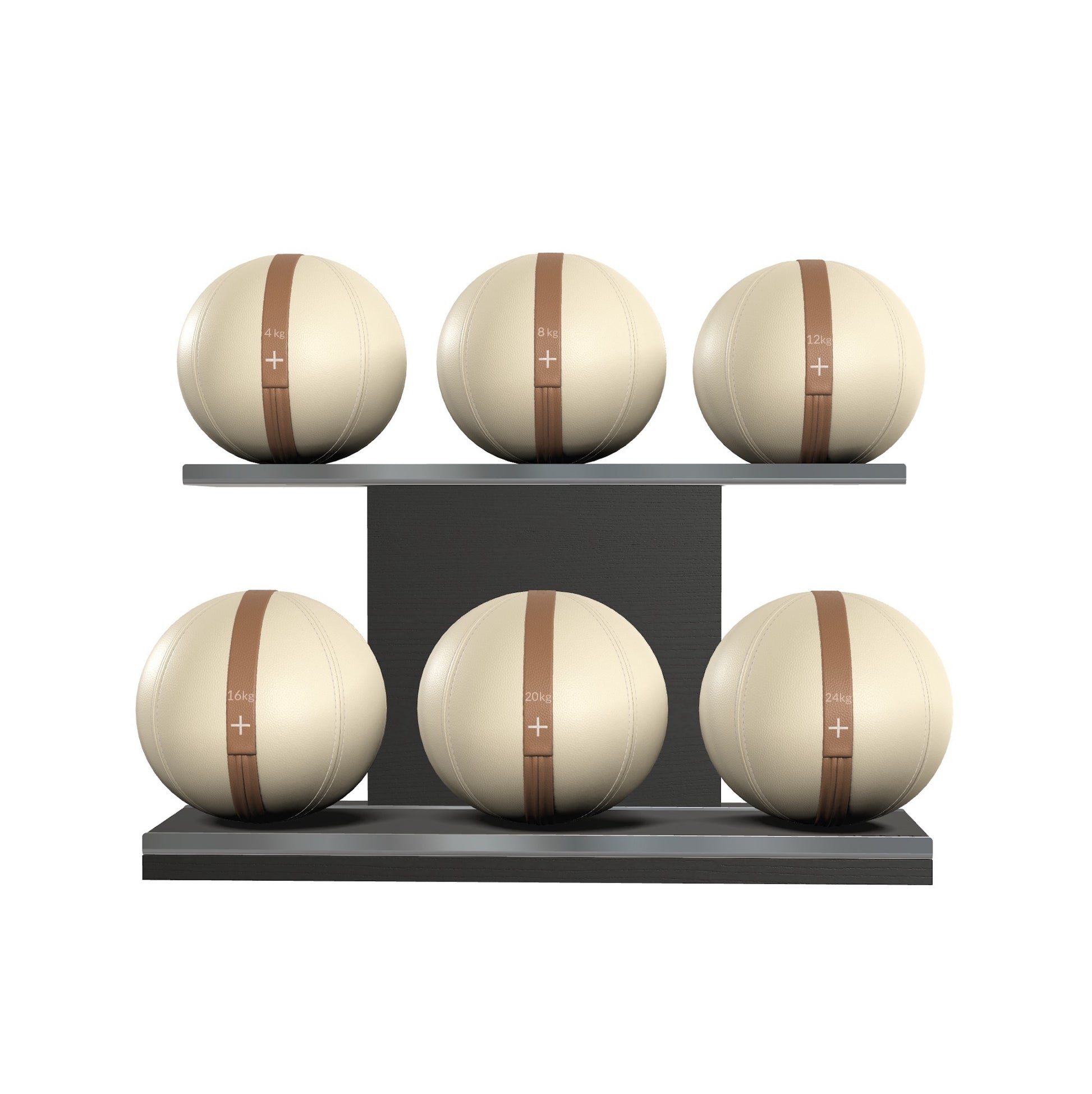 Six beige leather medicine balls with brown accent leather, arranged on two shelves made of black ash wood. PENT. MOXA Set Ultimate - Set of 6 Medicine Balls on Horizontal Wooden Stand