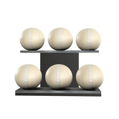 Six beige leather medicine balls with beige accent leather, arranged on two shelves made of black ash wood. PENT. MOXA Set Ultimate - Set of 6 Medicine Balls on Horizontal Wooden Stand