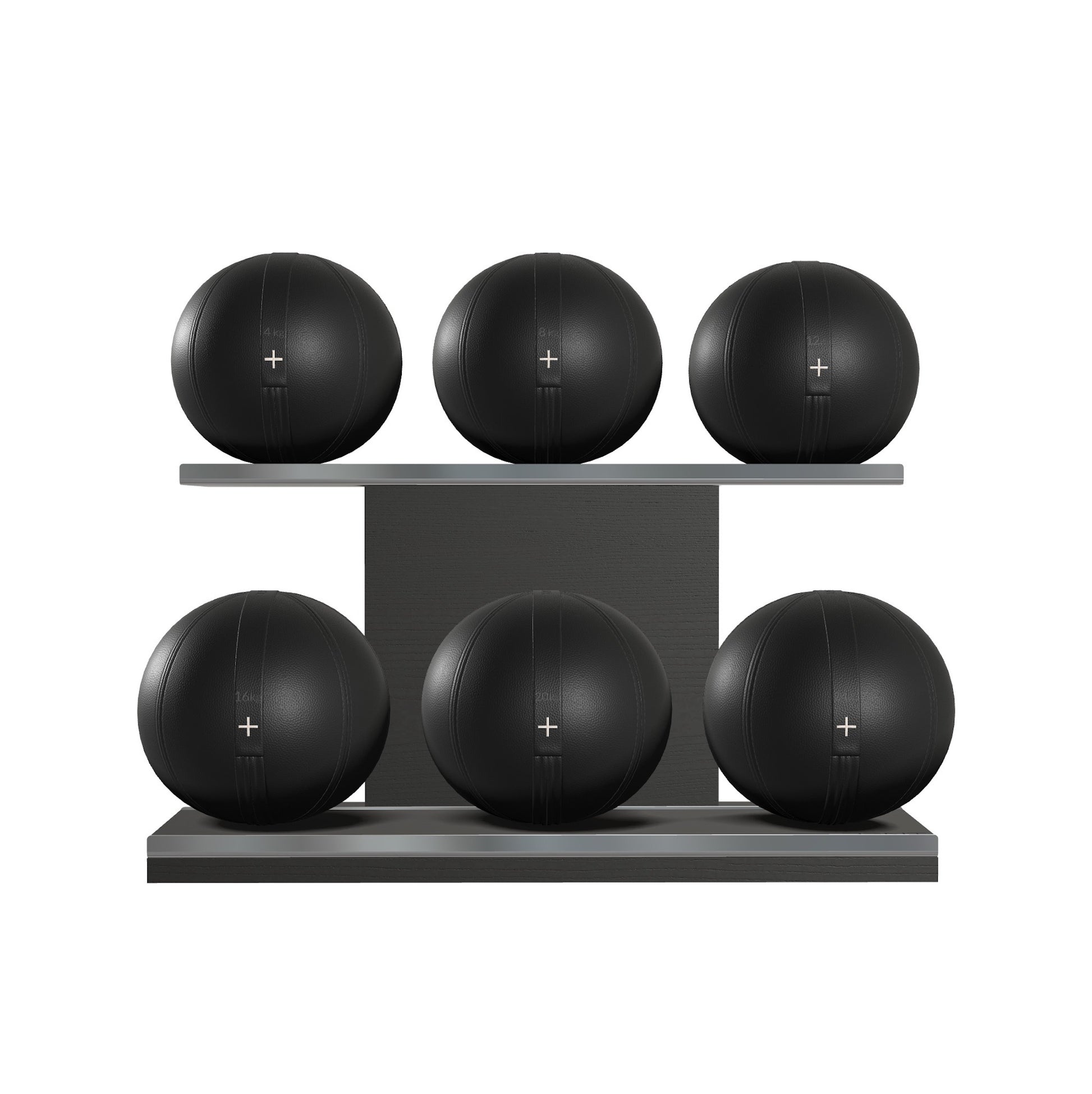 Six black leather medicine balls with black accent leather, arranged on two shelves made of black ash wood. PENT. MOXA Set Ultimate - Set of 6 Medicine Balls on Horizontal Wooden Stand