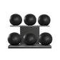 Six black leather medicine balls with black accent leather, arranged on two shelves made of black ash wood. PENT. MOXA Set Ultimate - Set of 6 Medicine Balls on Horizontal Wooden Stand
