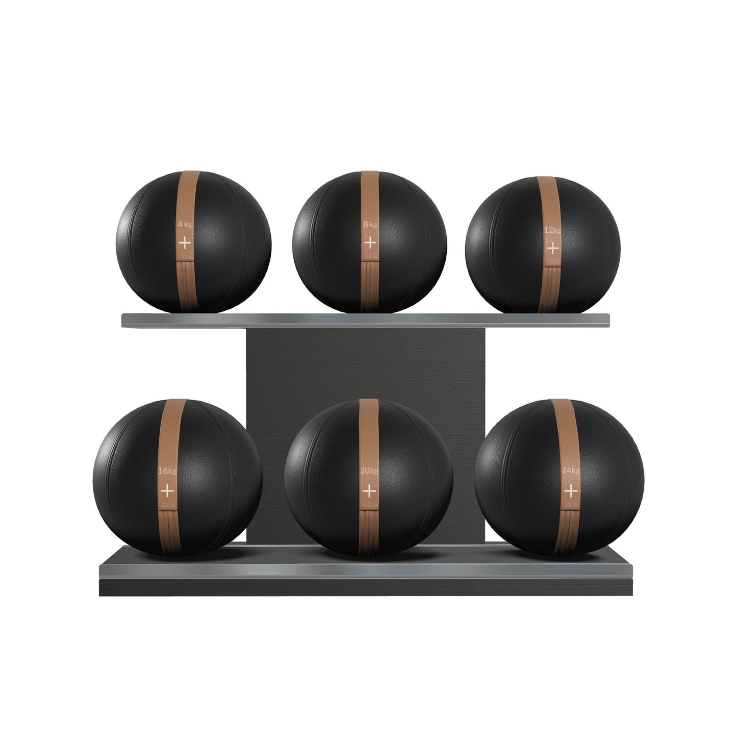 Six black leather medicine balls with brown accent leather, arranged on two shelves made of black ash wood. PENT. MOXA Set Ultimate - Set of 6 Medicine Balls on Horizontal Wooden Stand