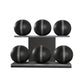 Six black leather medicine balls with grey accent leather, arranged on two shelves made of black ash wood. PENT. MOXA Set Ultimate - Set of 6 Medicine Balls on Horizontal Wooden Stand