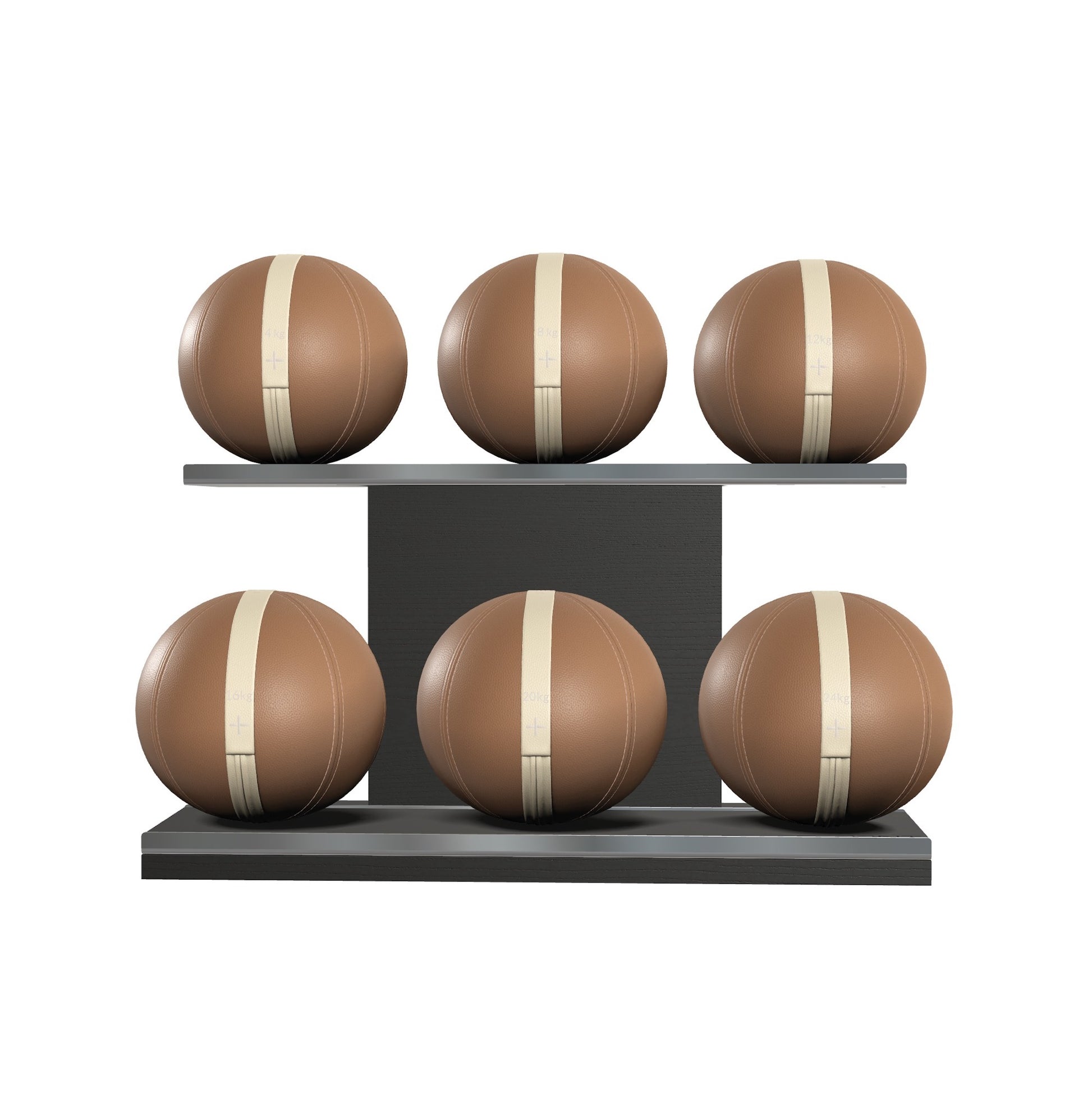 Six brown leather medicine balls with white accent leather, arranged on two shelves made of black ash wood. PENT. MOXA Set Ultimate - Set of 6 Medicine Balls on Horizontal Wooden Stand