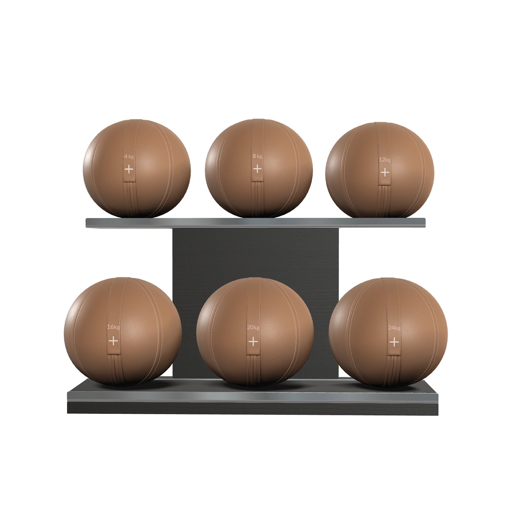 Six brown leather medicine balls with brown accent leather, arranged on two shelves made of black ash wood. PENT. MOXA Set Ultimate - Set of 6 Medicine Balls on Horizontal Wooden Stand