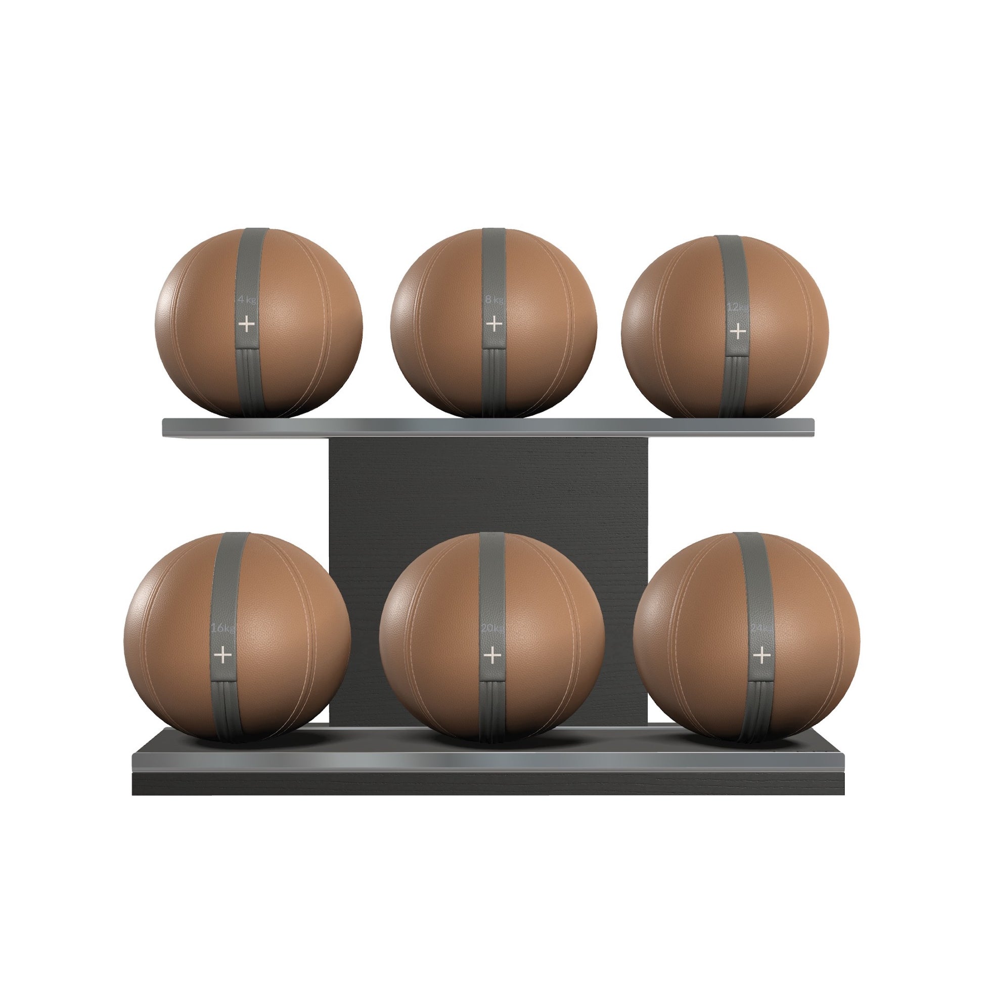 Six brown leather medicine balls with grey accent leather, arranged on two shelves made of black ash wood. PENT. MOXA Set Ultimate - Set of 6 Medicine Balls on Horizontal Wooden Stand