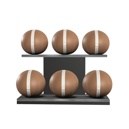 Six brown leather medicine balls with beige accent leather, arranged on two shelves made of black ash wood. PENT. MOXA Set Ultimate - Set of 6 Medicine Balls on Horizontal Wooden Stand