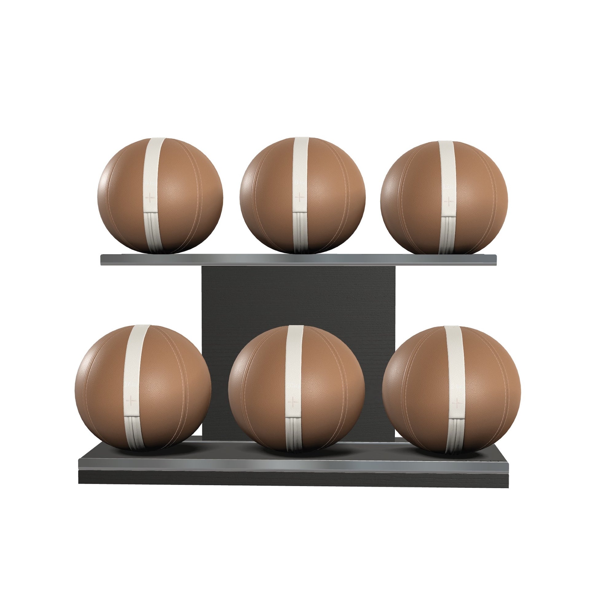 Six brown leather medicine balls with beige accent leather, arranged on two shelves made of black ash wood. PENT. MOXA Set Ultimate - Set of 6 Medicine Balls on Horizontal Wooden Stand
